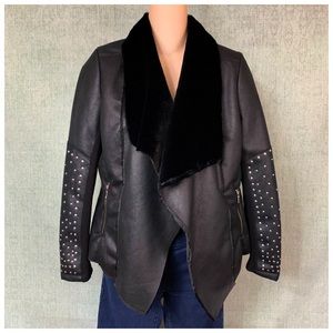Moto Style Faux Fur Cardigan Studded Jacket Small